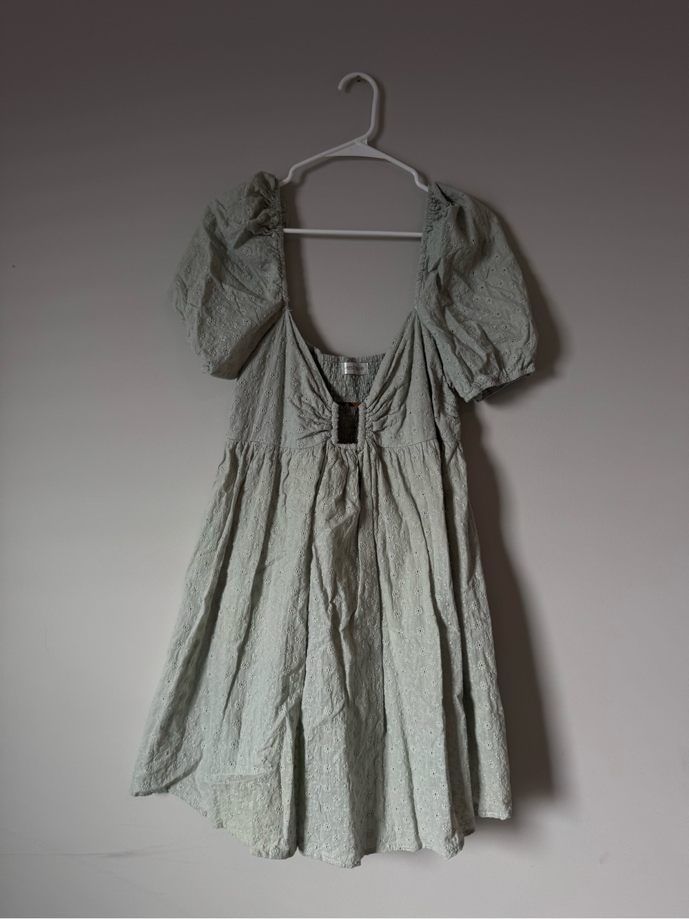 Vestique - Light Sage Puff Sleeve Eyelet Dress